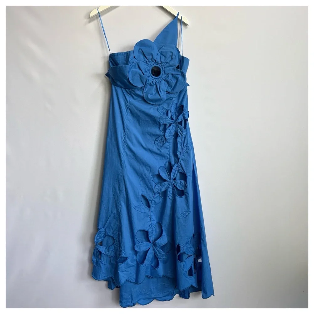 NWT Anthropologie One-Shoulder Cutwork Cutouts 3D Flower Blue Midi Dress - Picture 12 of 16